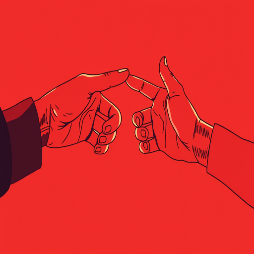 Create a vivid illustration of two hands reaching towards each other, using a bold red color scheme with minimalistic line art, captured with a DSLR camera at f/2.8 aperture, 50mm lens, and soft natural lighting to enhance texture and depth.