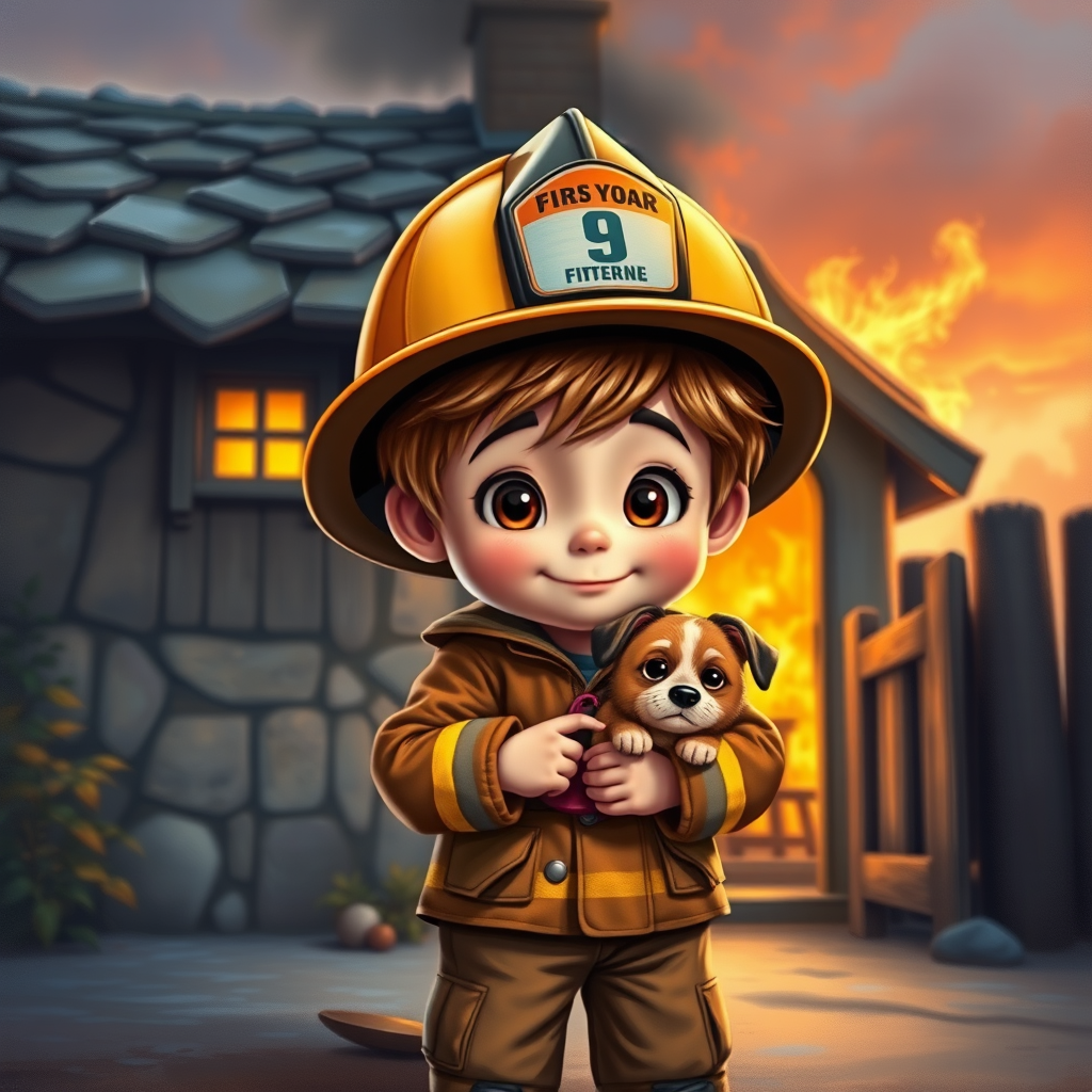 airbrushed oil painting, pixar style, cute little boy in fireman gear, helmet, tousled hair, expressive eyes, standing in the doorstep of a cottage burning behind him, holding a cute little dog in his arm, atumn sky