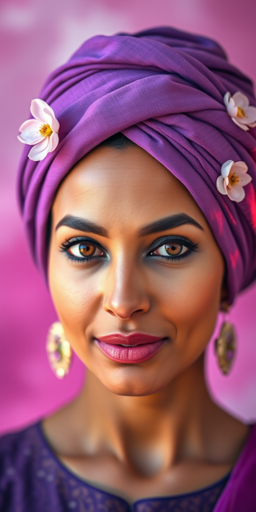 Regenerate a high-resolution portrait of a woman wearing a purple turban with floral accents, soft focus, taken with a Canon EOS R5, 50mm lens, f/1.8 aperture, ISO 100, natural lighting, and a painterly background that blends vibrant hues of purple and pink.