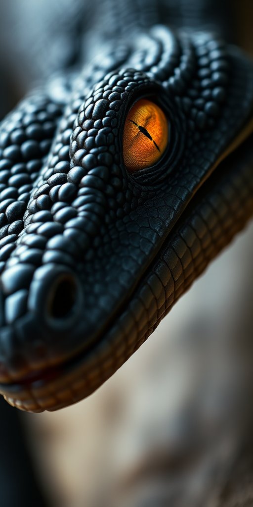 highly detailed close-up of a reptilian creature with glossy black scales and vibrant yellow eyes, emphasizing texture and sheen, dramatic lighting, shallow depth of field, shot with a Canon EOS R5 at f/2.8, ISO 100, 85mm lens, focus stacked for clarity, low angle view for impact
