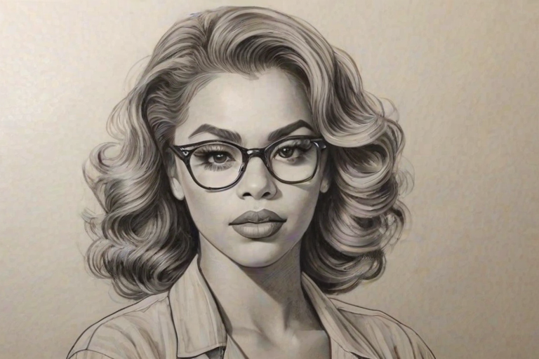 Captivating Dinah Jane, pencil sketch, portrait of Fascinating woman 1936s in glasses, hair style beatnik, outline, clear lines, fine lines, 8k