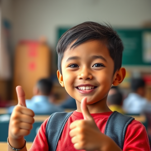 Capture a friendly child giving a thumbs up in a well-lit environment, using a Canon EOS R5, 50mm lens, f/1.8 aperture, 1/200 shutter speed, ISO 100, with a soft focus background and vibrant colors to enhance the positive message of success and education.