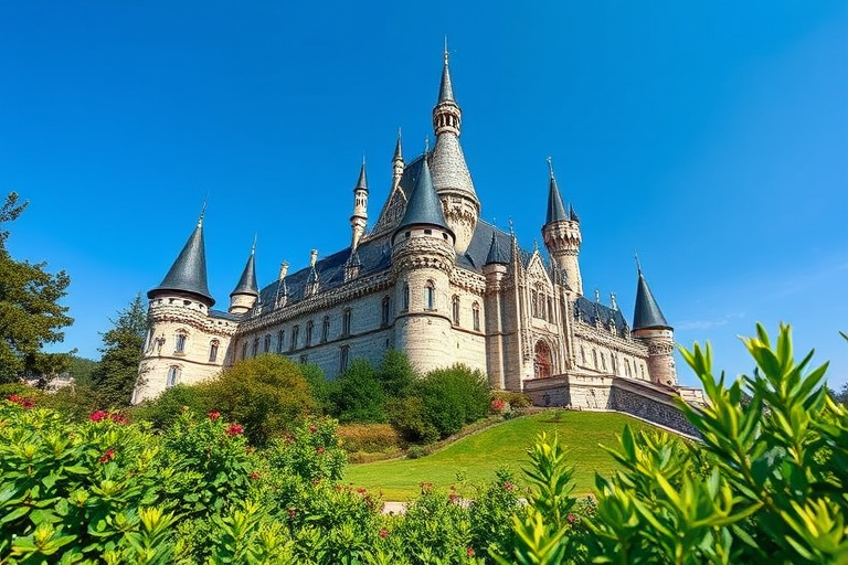 Capture a high-resolution image of a grand castle with intricate architectural details using a DSLR camera at f/8 aperture, 1/200 sec shutter speed, ISO 100, wide-angle lens, shot from a low angle to emphasize the structure against a clear blue sky with lush greenery in the foreground.