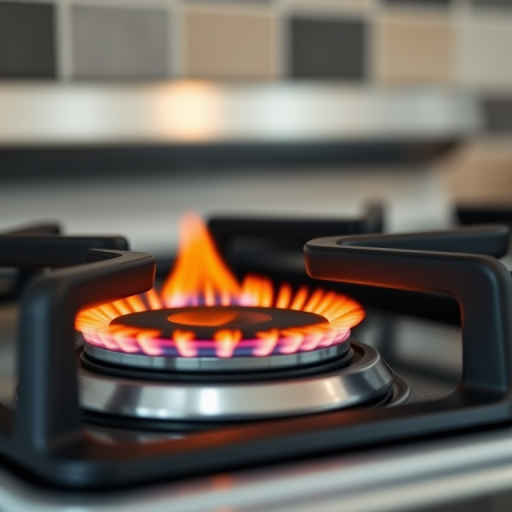 Capture a close-up image of a modern gas stove with four burners, focus on the flame of the front burner, using a DSLR camera at f/2.8 aperture, ISO 100, shutter speed 1/125 sec, in natural light with a shallow depth of field for an enhanced bokeh effect.