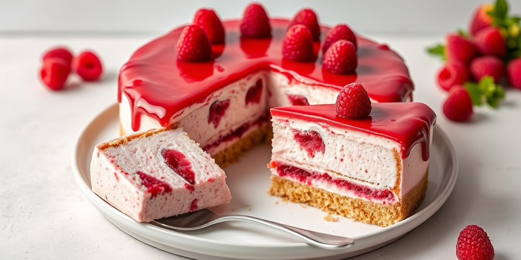 Create an image of a delicious raspberry mousse cake with a glossy raspberry glaze on top decorated with fresh raspberries, featuring a slice of the cake on a plate with a spoon beside it, set against a light textured background.