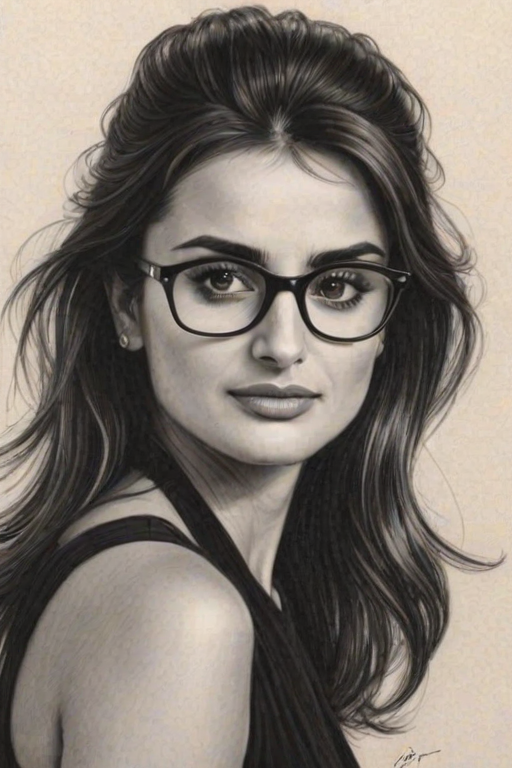 Pleasing Penelope Cruz, pencil sketch, portrait of Superb woman 1933s in glasses, hair style beatnik, outline, clear lines, fine lines, 8k