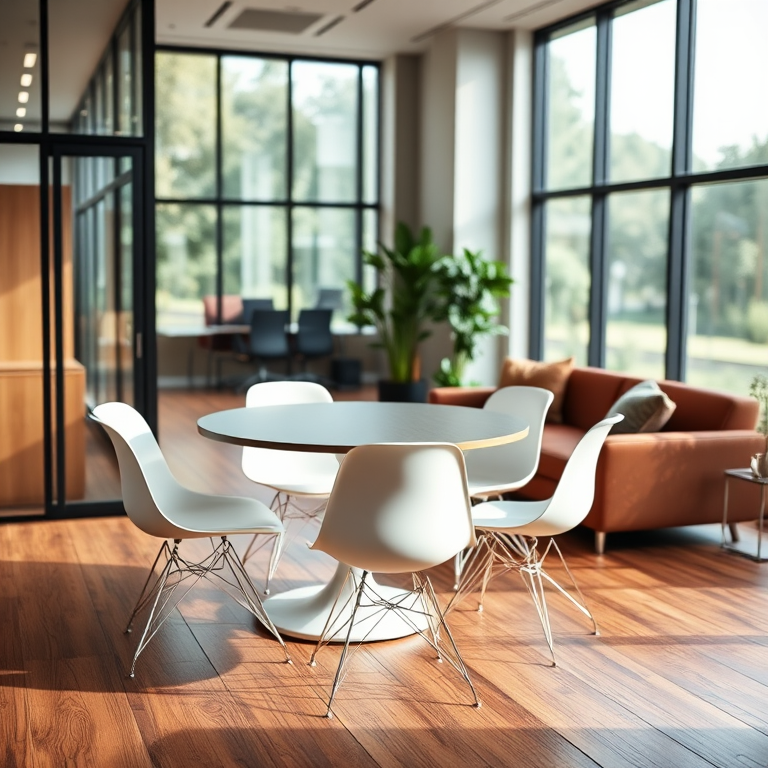 A modern office interior with glass partitioning, wooden floors, a circular table with white chairs, a cozy brown couch in the background, large windows providing natural light and a view of greenery outside, shot with a DSLR camera using a 24mm lens at f/4, ISO 200, and a shallow depth of field to enhance focus on the furniture.