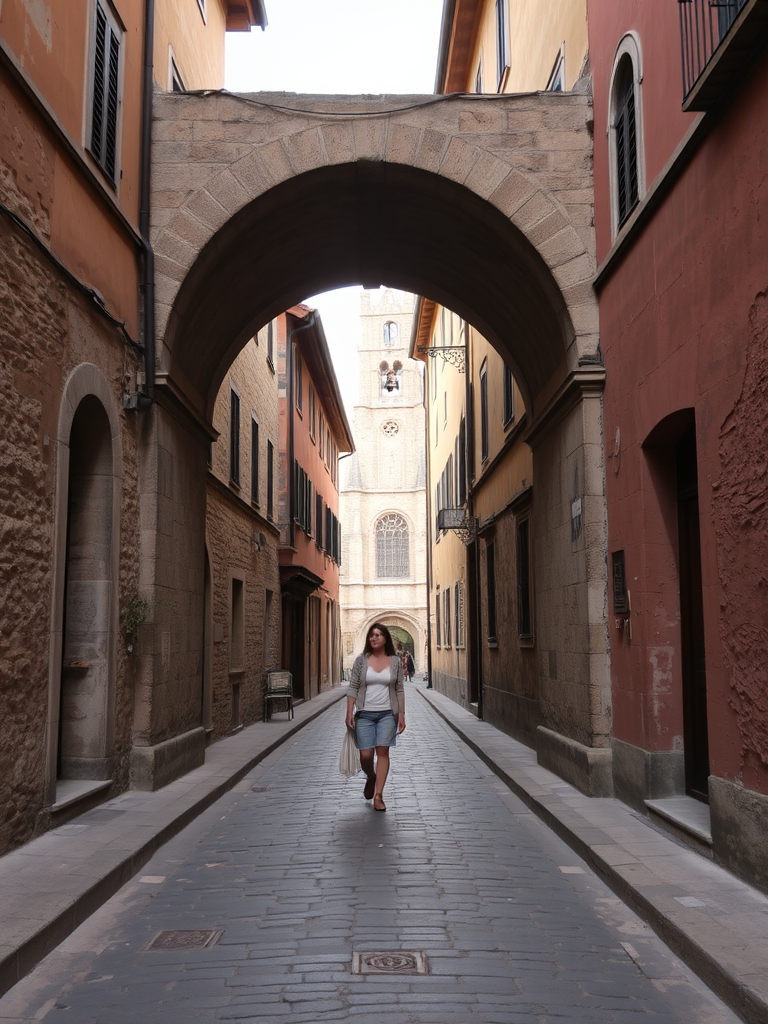 Old, cobbled street in a historic town, a woman walking under a stone archway, the sound of church bells ringing in the distance.