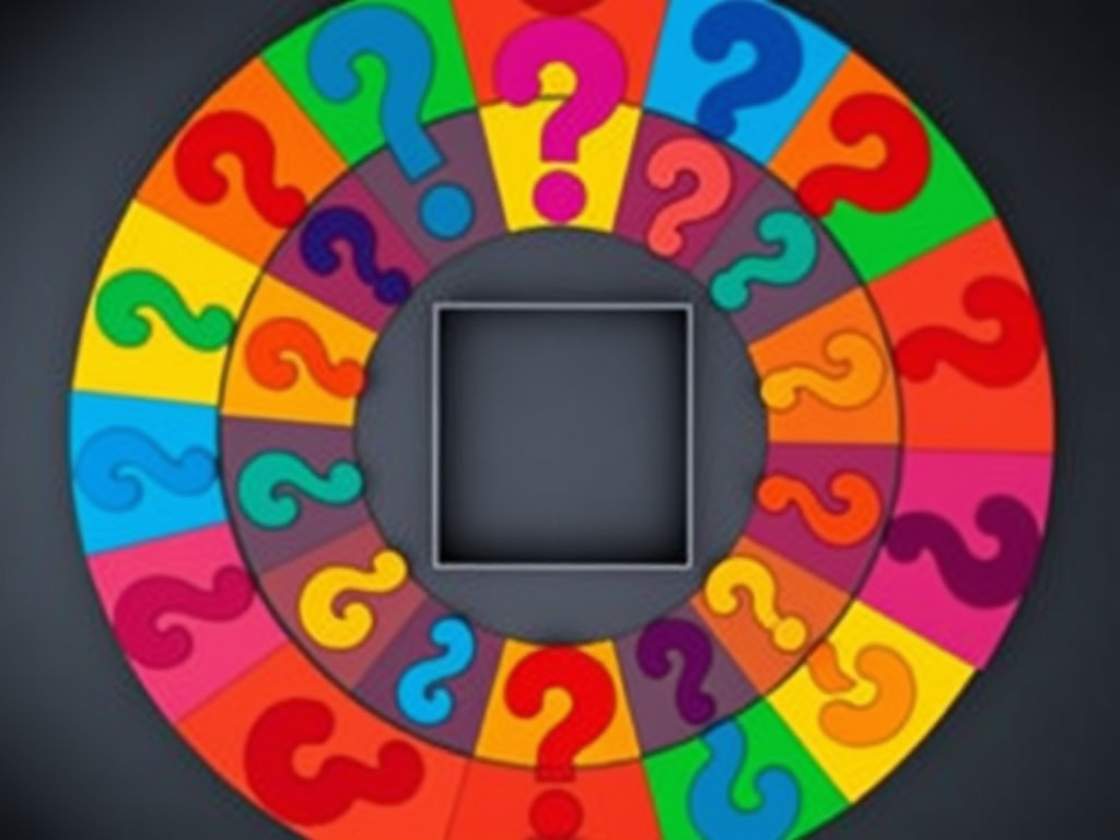 Generate a vibrant circular graphic with colorful question mark designs around a central empty square, using a Canon EOS R5 with a 50mm f/1.2 lens, aperture set to f/4, ISO 100, and a shutter speed of 1/200 sec, high dynamic range, top-down view, and vibrant colors for enhanced detail and clarity.