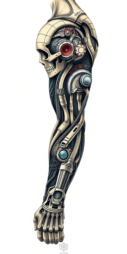 Futuristic biomechanical tattoo called "Cybernetic Evolution" depicting intricate machinery and circuitry seamlessly blending with human anatomy, creating a stunning and unique full sleeve design