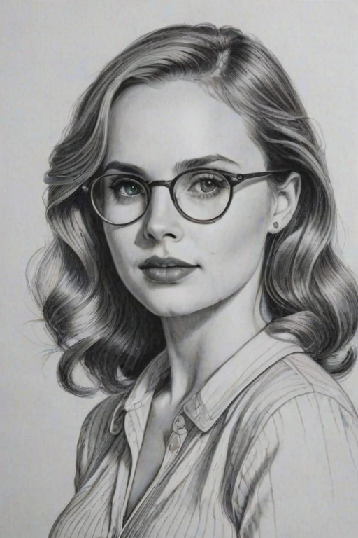 Graceful Meaghan Martin, pencil sketch, portrait of Bewitching woman 1938s in glasses, hair style beatnik, outline, clear lines, fine lines, 8k