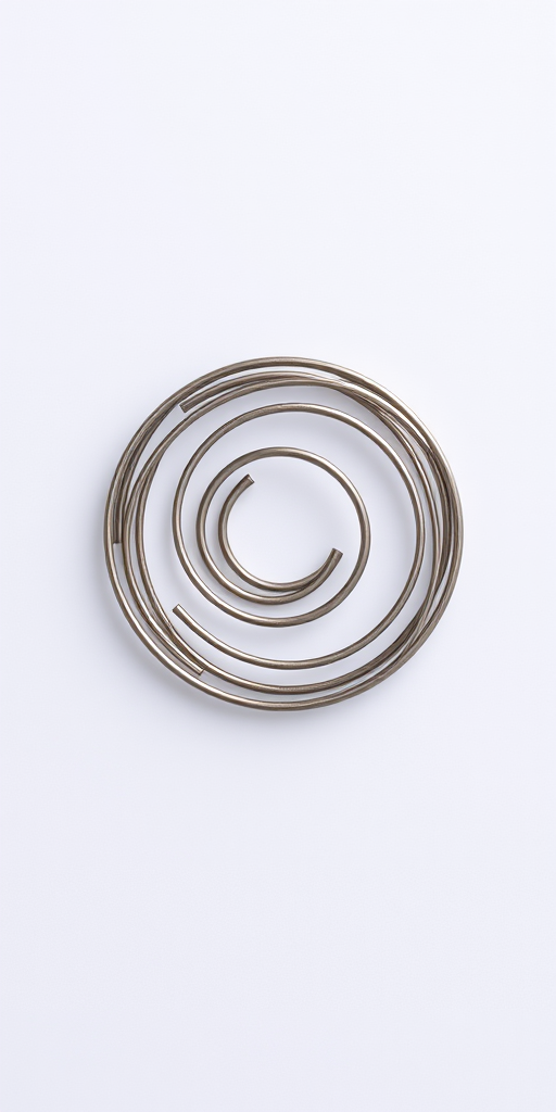 Generate a high-resolution image of a stylized spiral metal coil on a plain background, using a DSLR camera with a 50mm lens, f/1.8 aperture, ISO 100, shot in natural light from a top-down view to enhance detail and clarity.