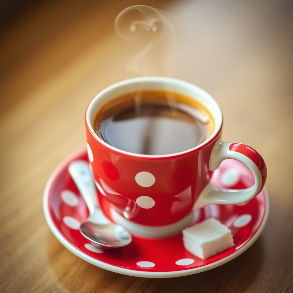 A steaming cup of coffee in a red polka dot cup on a matching saucer with a sugar cube beside it, macro photography, aperture f/2.8, ISO 100, 50mm lens, soft natural lighting.