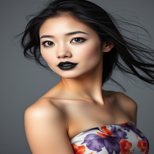 Photographic image of a beautiful young Asian woman, blue eyes, lips with black lipstick, long hair fluttering in the wind and wearing a silk strapless dress with a soft purple and orange print. monochrome image with only color highlights in the iris of the eyes, lipstick and dress. Gray background.