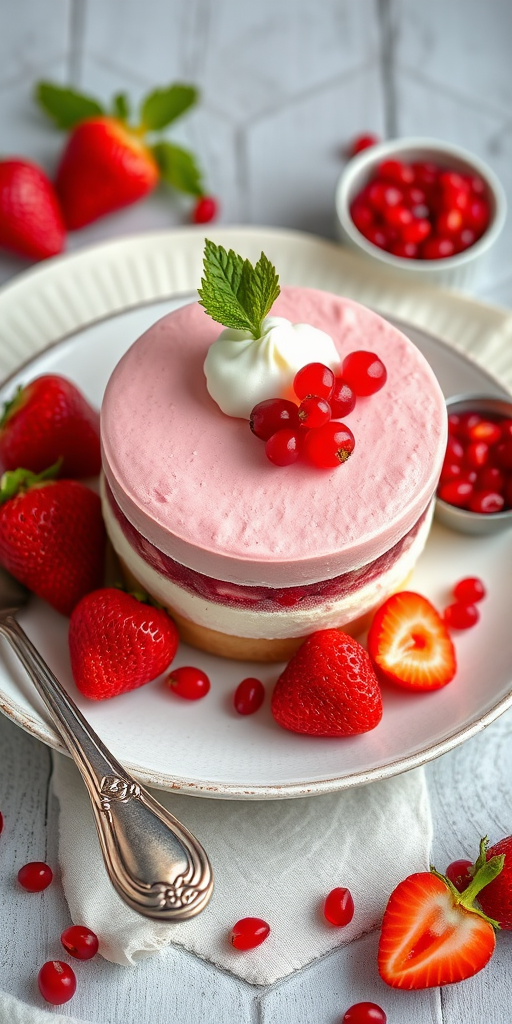 A beautiful dessert display featuring two round layered cakes with a pink berry mousse top and a creamy white bottom layer sitting on a plate with a textured edge. The cakes are garnished with fresh strawberries, a dollop of whipped cream, and red currants. Around the plate are scattered strawberries and a small bowl of pomegranate seeds, along with a vintage silver spoon placed beside the plate, creating an inviting and elegant presentation.