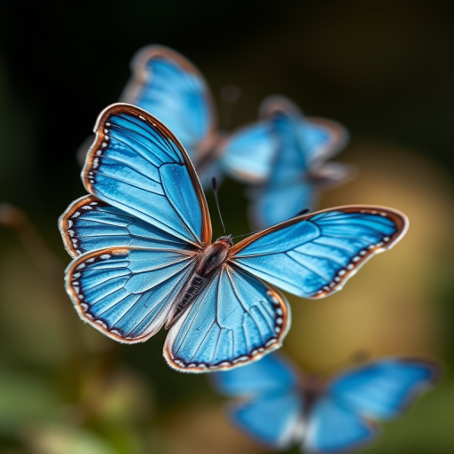 Create an image of blue butterflies in flight showcasing intricate wing patterns, using a macro lens with a shallow depth of field, a focal length of 100mm, aperture set at f/2.8, ISO 200, and natural lighting to enhance the colors and details.