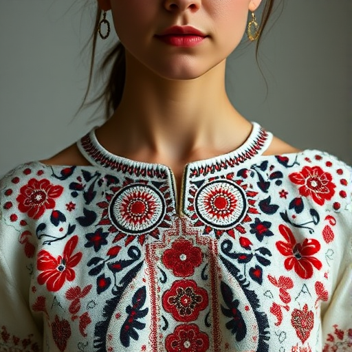 Face, shoulders, chest covered in openwork Ukrainian embroidery. Raw, unedited image.