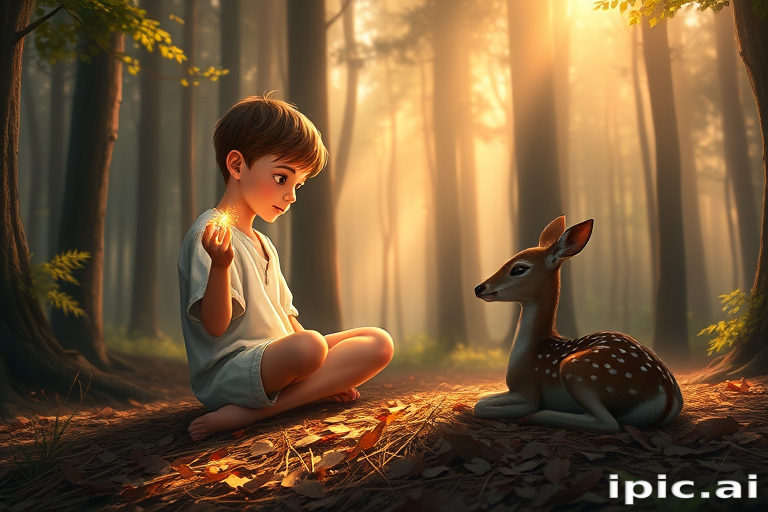 A luminous digital painting of a serene forest scene featuring a barefoot young boy, about 7 years old, with brown hair and fair skin, dressed in a simple white outfit. He sits cross-legged on the forest floor, gazing at a small, glowing, magical firefly in his hand. Beside him, a delicate spotted deer lies calmly on a bed of dried leaves, observing the scene. The dense forest is bathed in warm, golden light filtering through the trees, creating a peaceful, magical atmosphere with a blend of natural and mystical elements.