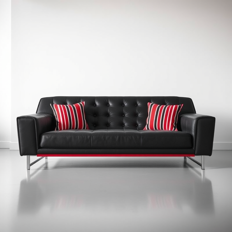 Create a high-resolution image of a modern, sleek black and red tufted sofa with two striped cushions, shot in a well-lit studio setting using a DSLR camera at f/2.8, ISO 100, and a 50mm lens for enhanced depth of field and clarity.