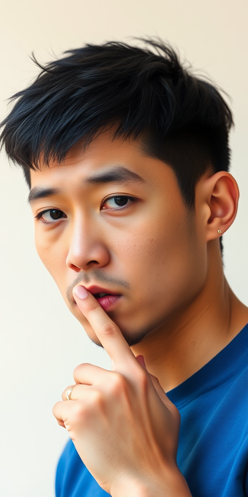 A man with short black hair, wearing a blue t-shirt, in a neutral expression with finger on lips against a plain light background, captured with a DSLR camera at 50mm lens, f/1.8 aperture, ISO 100, natural lighting, shallow depth of field for enhanced focus on the subject.