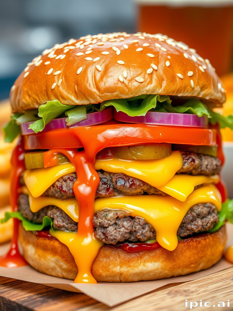 High-resolution, close-up image of a gourmet double cheeseburger. The burger features a glossy, sesame-seed-topped brioche bun. Inside, there are two thick, juicy beef patties, each topped with melted cheddar cheese. The burger is garnished with fresh lettuce, tomato slices, diced onions, and pickles. A generous amount of ketchup and a creamy, orange-colored sauce is dripping down the sides, adding to the mouth-watering appeal. In the background, there are blurred elements including a side of golden French fries and a hint of a beverage, enhancing the overall presentation of a delicious meal.