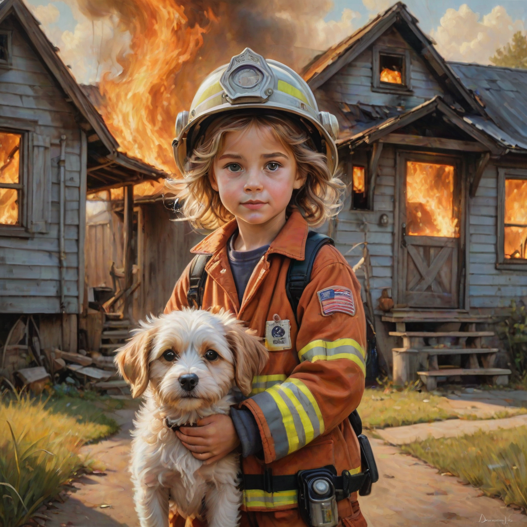 airbrushed oil painting, pixar style, cute little girl in fireman gear, helmet, tousled hair, expressive eyes, standing in the doorstep of a cottage burning behind him, holding a cute little dog in her arm, atumn sky