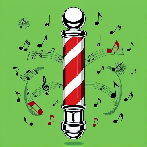 Create an illustration of a vintage barber pole with red and white stripes surrounded by musical notes on a vibrant green background, using a digital illustration style, with high resolution and crisp lines, capturing the essence of retro barber shops; camera settings: ISO 100, aperture f/8, shutter speed 1/60s; camera type: DSLR, camera view: straight on.