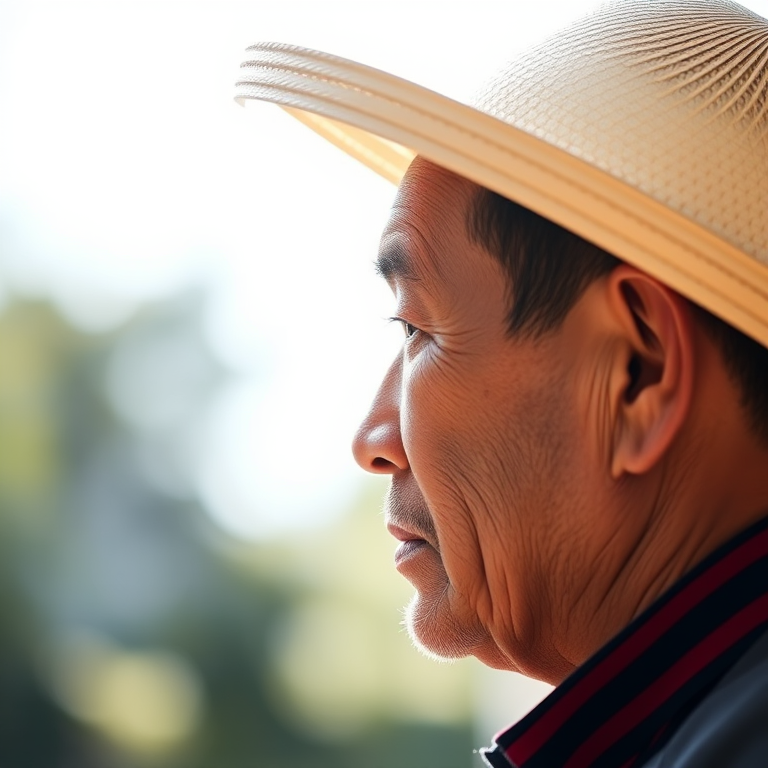 regenerate the image of a man in profile wearing a traditional hat, natural light, shallow depth of field, 50mm lens, f/1.8 aperture, ISO 100, daylight setting, taken with a DSLR camera