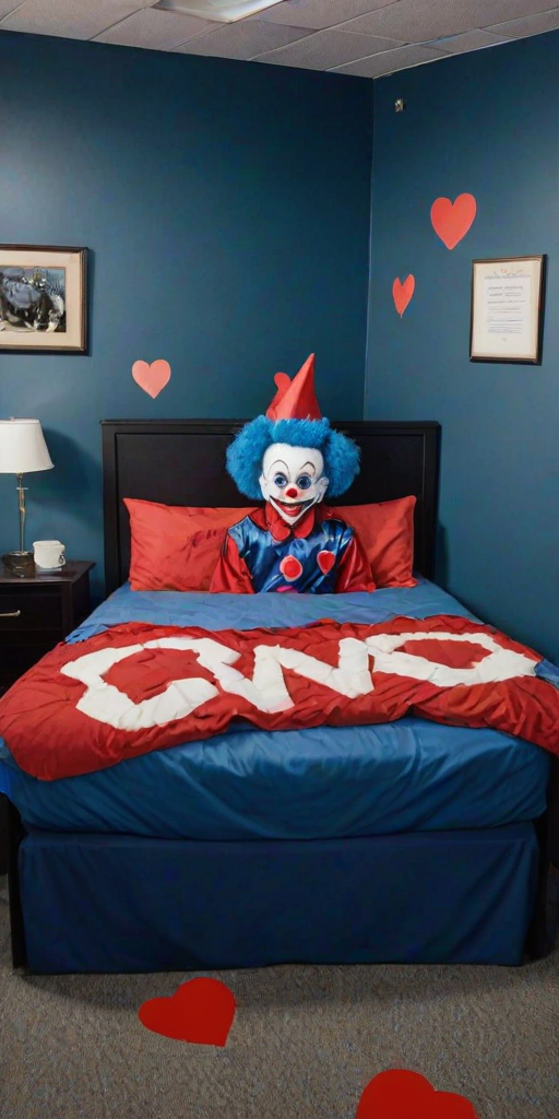 This is a photograph of a computer server room with a unique, blue hexagon-shaped civitaiLogo bed as the central focus, with blue hexagon pillows. There is a picture frame above the bed with a realistic portrait of a scary looking clown holding a red gas can. The portrait is surrounded by hearts, and there is a handwritten signature "skippy".