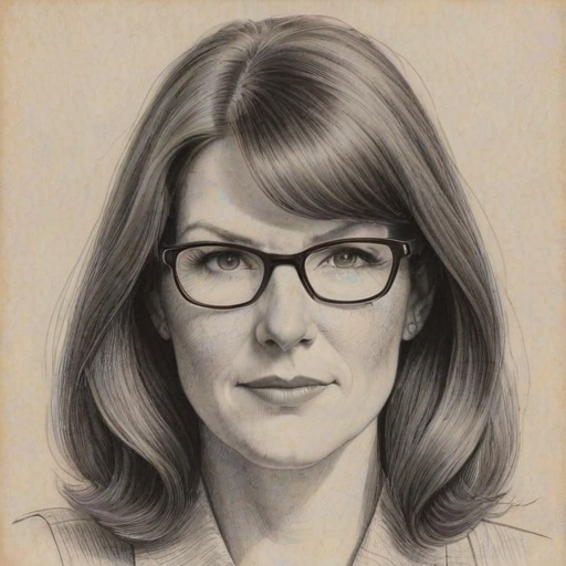 Delightful Kate Flannery, pencil sketch, portrait of Superb woman 1972s in glasses, hair style beatnik, outline, clear lines, fine lines, 8k