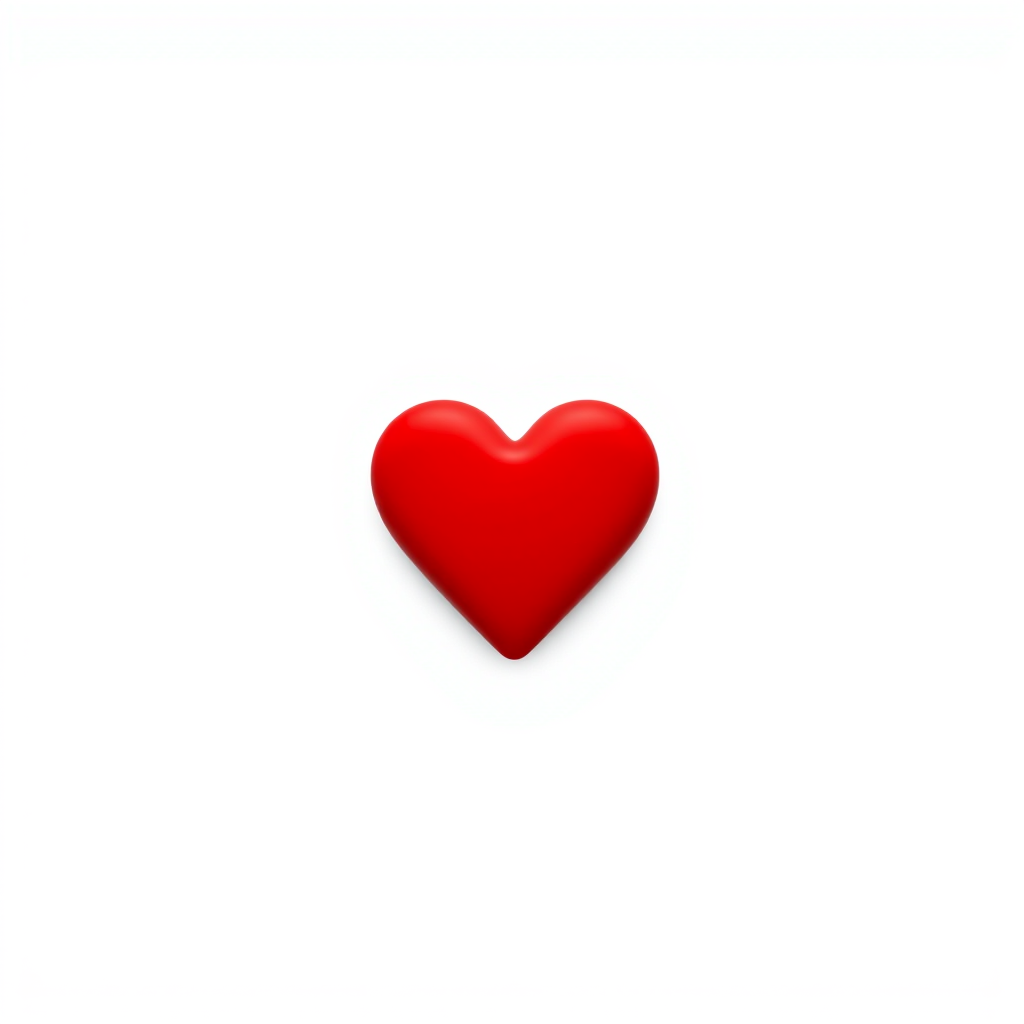 Create a vibrant red heart symbol on a plain white background, using a DSLR camera with a 50mm lens, aperture set to f/2.8, shutter speed of 1/200s, and ISO 100 to enhance image quality.