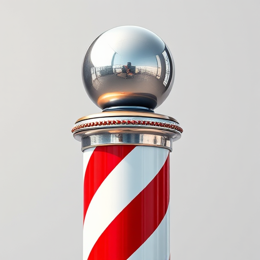 Generate a highly detailed illustration of a classic barber pole with red and white stripes, featuring a shiny reflective ball on top, captured in a sharp focus, using a DSLR camera at f/2.8 aperture, 50mm lens, and natural light for enhanced contrast and vibrancy.