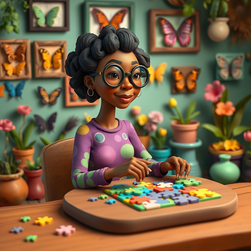 A vibrant and whimsical illustration of an african american woman sitting at a table working on a colorful jigsaw puzzle. she is wearing round glasses, and patterned clothing in shades of purple and green.  The background features an eclectic collection of framed butterflies, potted plants, and other natural elements, creating a warm and inviting atmosphere. The style is playful and modern, with rich textures, intricate details, and a lively color palette.