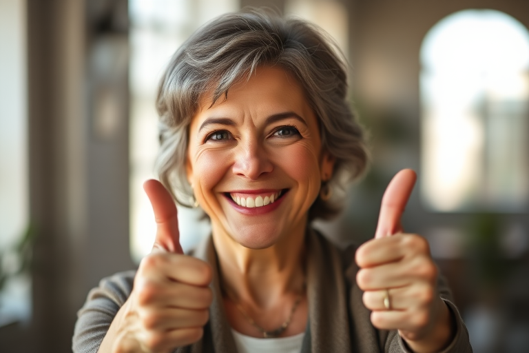portrait of a middle-aged woman smiling and giving a thumbs up, bright lighting, shallow depth of field, 50mm lens, f1.8 aperture, ISO 100, soft focus background, natural light