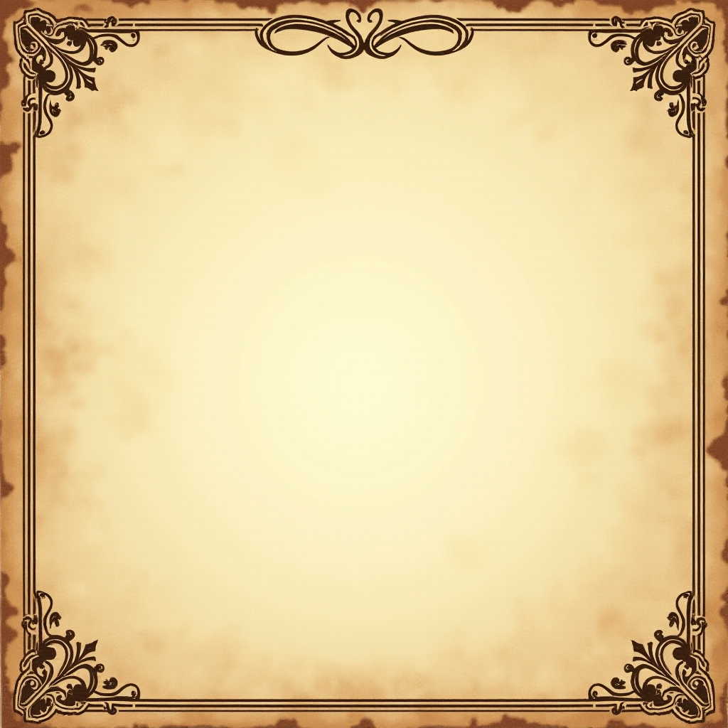 Generate a high-resolution image of an antique parchment background with ornate borders, captured with a DSLR camera at ISO 100, f/8 aperture, and a focal length of 50mm, using a soft natural light to enhance texture and details.