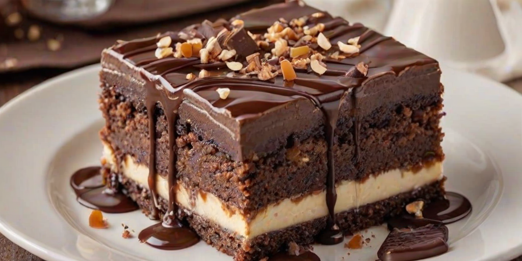 Create an image of a decadent layered dessert on a white plate. The dessert features a rich chocolate brownie base, a creamy vanilla layer, and a smooth caramel layer, topped with shiny chocolate ganache and sprinkled with chocolate shavings. The dessert should appear indulgent, with a slice cut out to reveal the layers inside. The background should be simple and elegant to highlight the dessert.