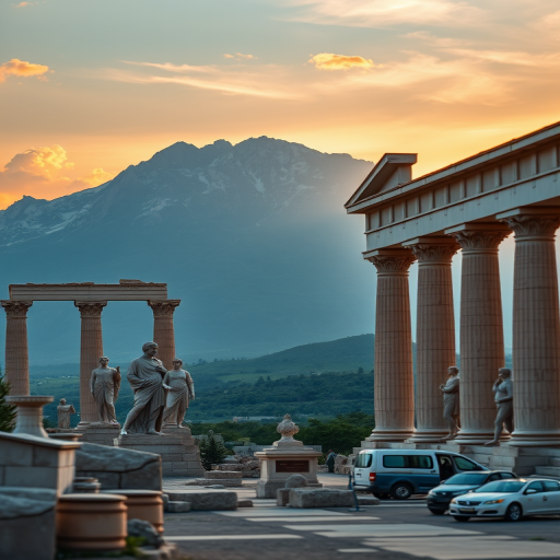 Generate a high-resolution image of ancient Greek ruins with detailed sculptures in the foreground, set against a dramatic mountain landscape under a sunset sky, using a DSLR camera at 24mm, f/8, ISO 100, with a wide-angle perspective and natural lighting.