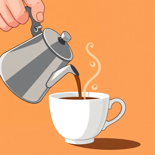 A close-up illustration of a hand pouring coffee from a silver kettle into a white cup, with steam rising from the cup, background in warm tones, shot with a 50mm lens, f/1.8 aperture, ISO 100, soft natural lighting for enhanced detail and texture.
