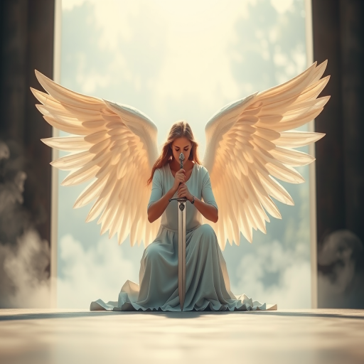 Create a high-resolution image of a seated angel with outstretched wings holding a sword, captured with a DSLR camera at f/2.8 aperture, 50mm lens, in natural lighting, from a slightly low angle to enhance the sense of majesty and serenity.