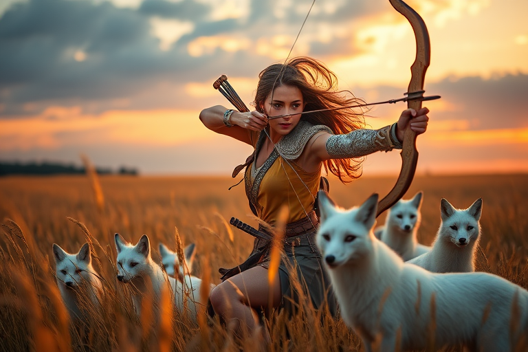 Generate an image of a fierce female archer in a golden field, with a dynamic pose as she aims her bow, surrounded by white foxes, captured with a Canon EOS R5, 85mm lens, f/2.0 aperture, ISO 200, at sunset for dramatic lighting and vibrant colors.