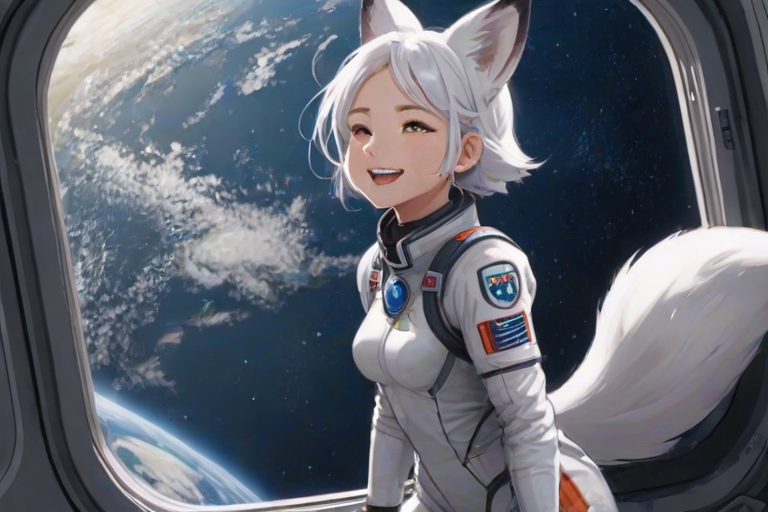 masterpiece, best quality, solo, shirakami fubuki, fox ears, ear piercing, fox tail, long hair, low ponytail, side braid, white hair, ahoge, astronaut suit, dutch angle, wide shot, smile, laughing, window, space station, planet, earth, galaxy, space, universe, star, milky way, nebula