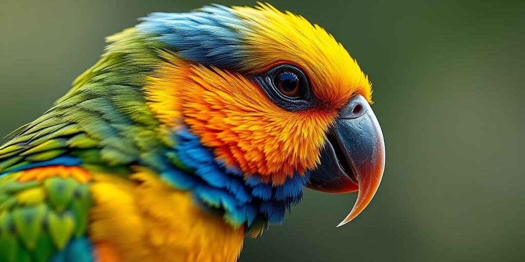 Create a high-resolution illustration of a colorful bird in profile, with vibrant yellow, blue, and green feathers, captured with a macro lens at f/2.8, 1/200s shutter speed, in natural light, emphasizing details and textures.