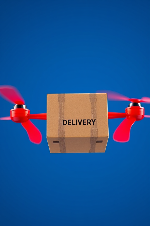 Create a 3D render of a flying delivery box with red propellers against a deep blue background using a DSLR camera, 50mm lens, f/8 aperture, ISO 100, 1/125 sec exposure, front view, cinematic lighting.