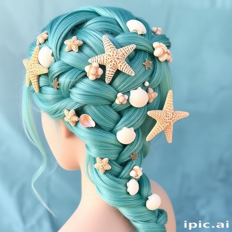 Turquoise to seafoam green mermaid braid adorned with seashells and starfish accessories, known as "Siren's Song" hair, featuring an intricate woven pattern
