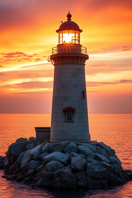 Generate an image of a tall lighthouse perched on a rocky outcrop surrounded by calm ocean waters during a breathtaking sunset. The lighthouse stands sturdy and weathered, its stone surface illuminated by the warm golden light of the setting sun. The sun's rays pass directly through the glass lantern room at the top of the lighthouse, casting a brilliant light across the scene. The sky is painted with vibrant shades of orange, pink, and purple, reflecting off the tranquil sea. The surrounding water shimmers with the same warm hues, creating a serene and majestic atmosphere.