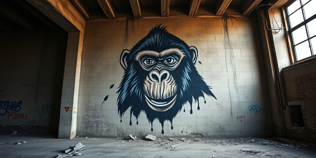 high-resolution photograph of a large, detailed mural of a monkey on a textured concrete wall inside an abandoned building, natural light, sharp focus, aperture f/8, ISO 200, 24mm wide-angle lens, taken at eye level
