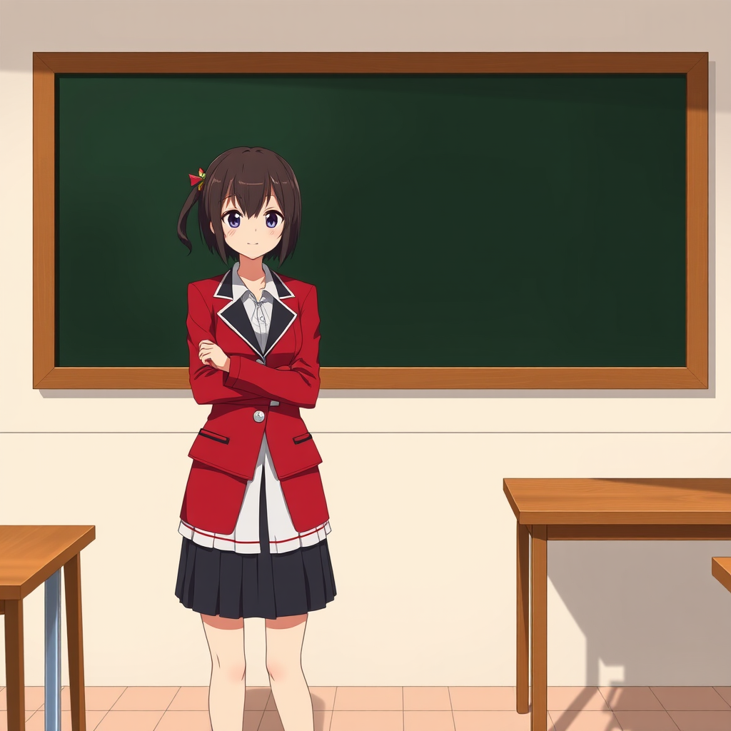 Create a high-resolution anime-style image of a female character in a red blazer standing confidently next to a chalkboard, with a focal length of 50mm, aperture set to f/2.8, natural lighting, and shot from a slightly low angle to enhance her presence.