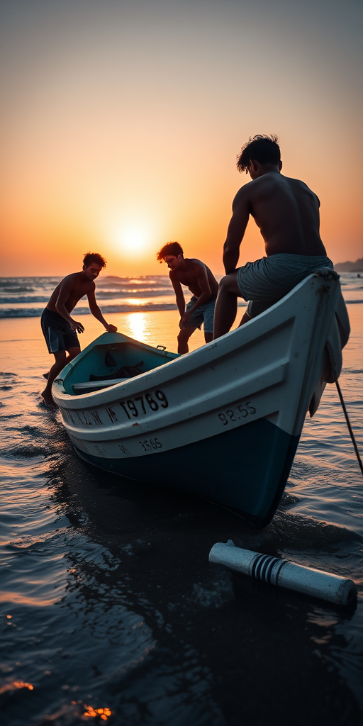 Capture a group of young men helping on a partially submerged boat at the beach during golden hour with a 35mm lens, f/8 aperture, ISO 200, and a shutter speed of 1/500 second, using a DSLR camera for enhanced clarity and detail.