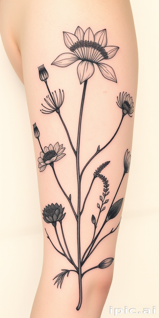 Fine line tattoo titled "Botanical Studies" featuring highly detailed scientific illustrations of various plant species with delicate linework and subtle shading reminiscent of vintage botanical drawings