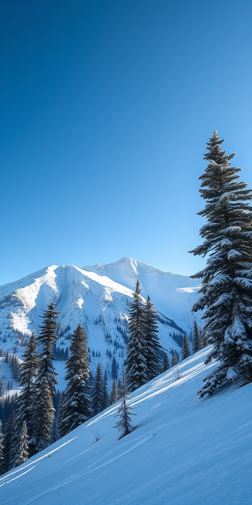 snowy mountain landscape with pine trees under a clear blue sky, soft sunlight, high-resolution photography, 24mm lens, f/11 aperture, ISO 100, shot from a low angle with a wide shot perspective using a DSLR camera